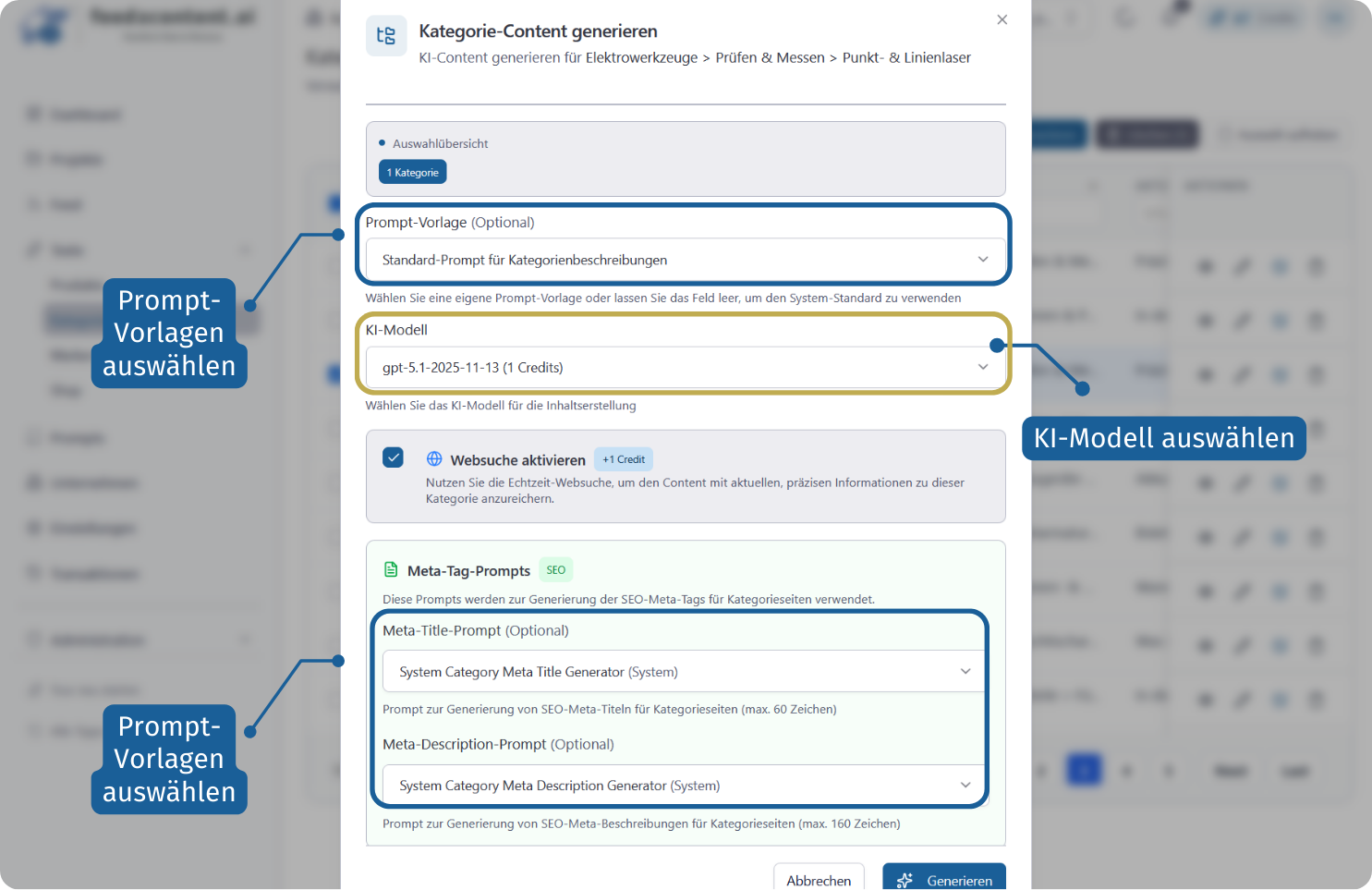 Prompt-Vorlagen und KI-Modell für deine Kategorietexte auswählen